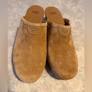 UGG Tan Suede Slip-On mules wood heel size 8 Sherpa on the inside vintage